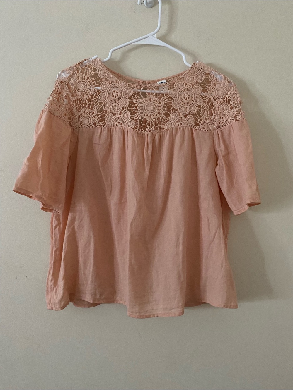 Old Navy Peach Crochet Yoke Short Sleeve Flowy Blouse oversized - Picture 1 of 7